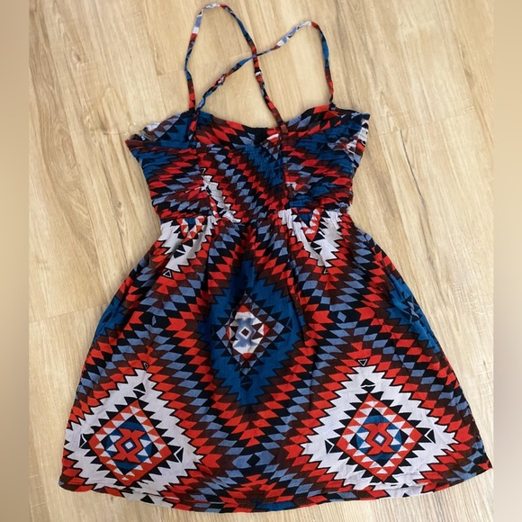 🔥🔥Billabong Red Black Blue Boho Crisscross Back Lined Beach Mini Dress - Picture 6 of 9